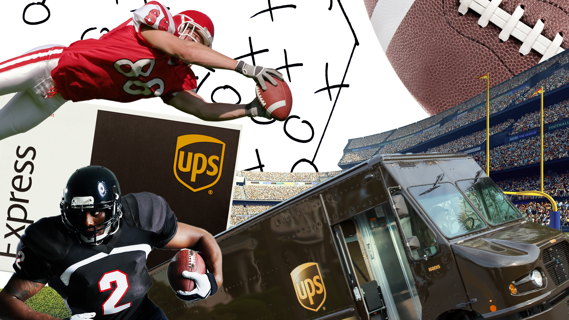 Collage featuring UPS trucks, footballs, sports stadiums and tailgating essentials